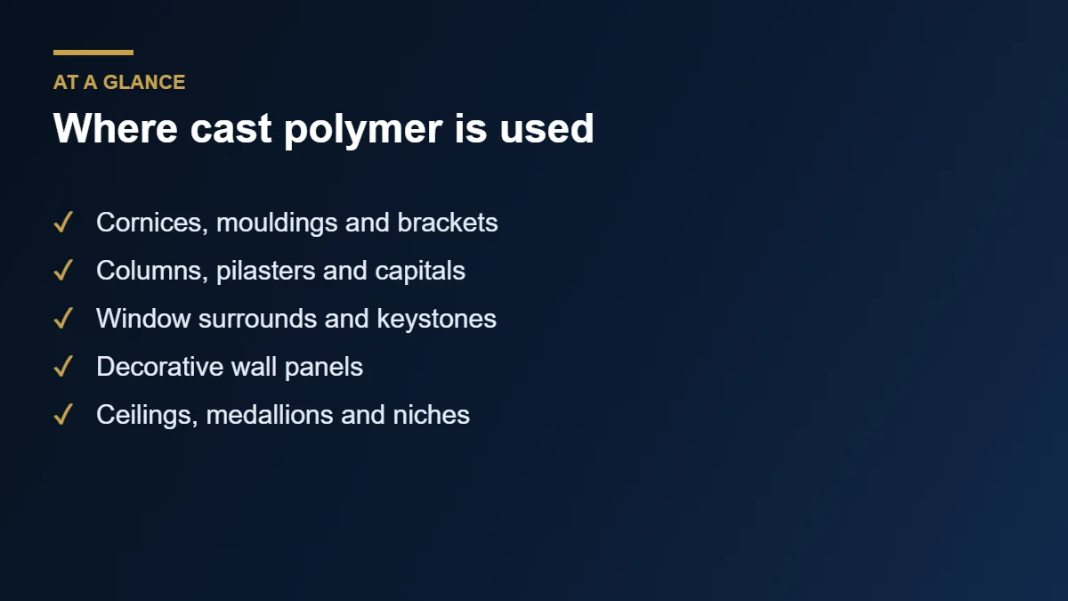Cast polymer applications for mouldings, columns and decorative panels