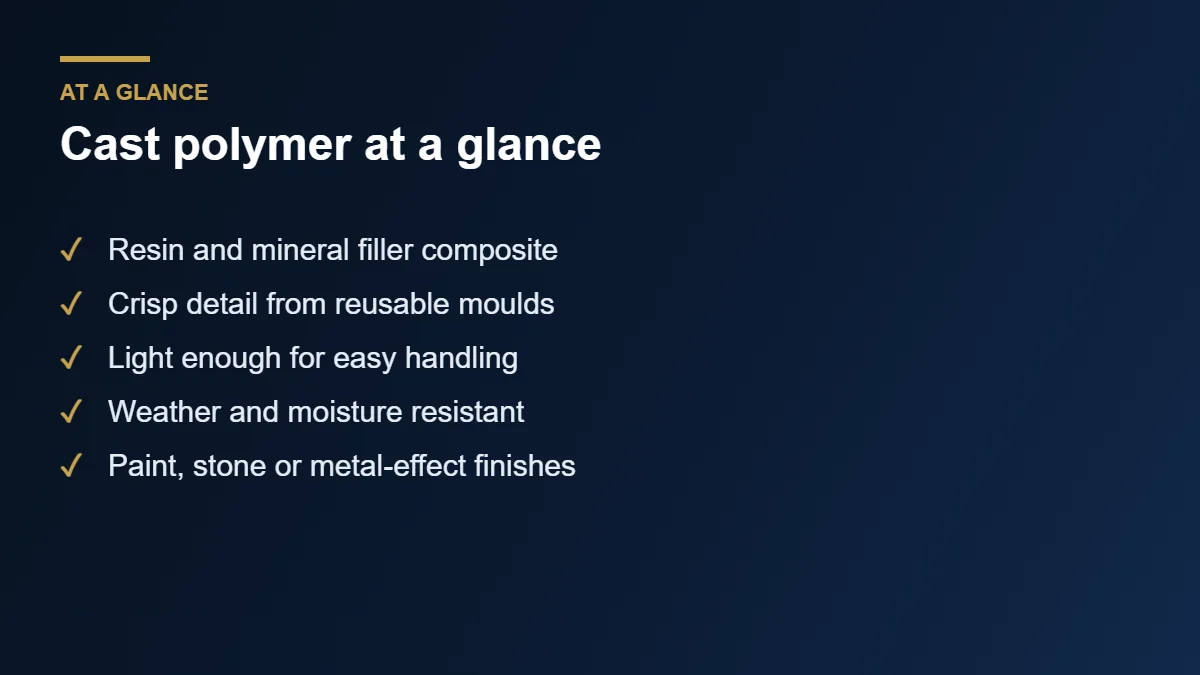 Cast polymer properties and finishes at a glance