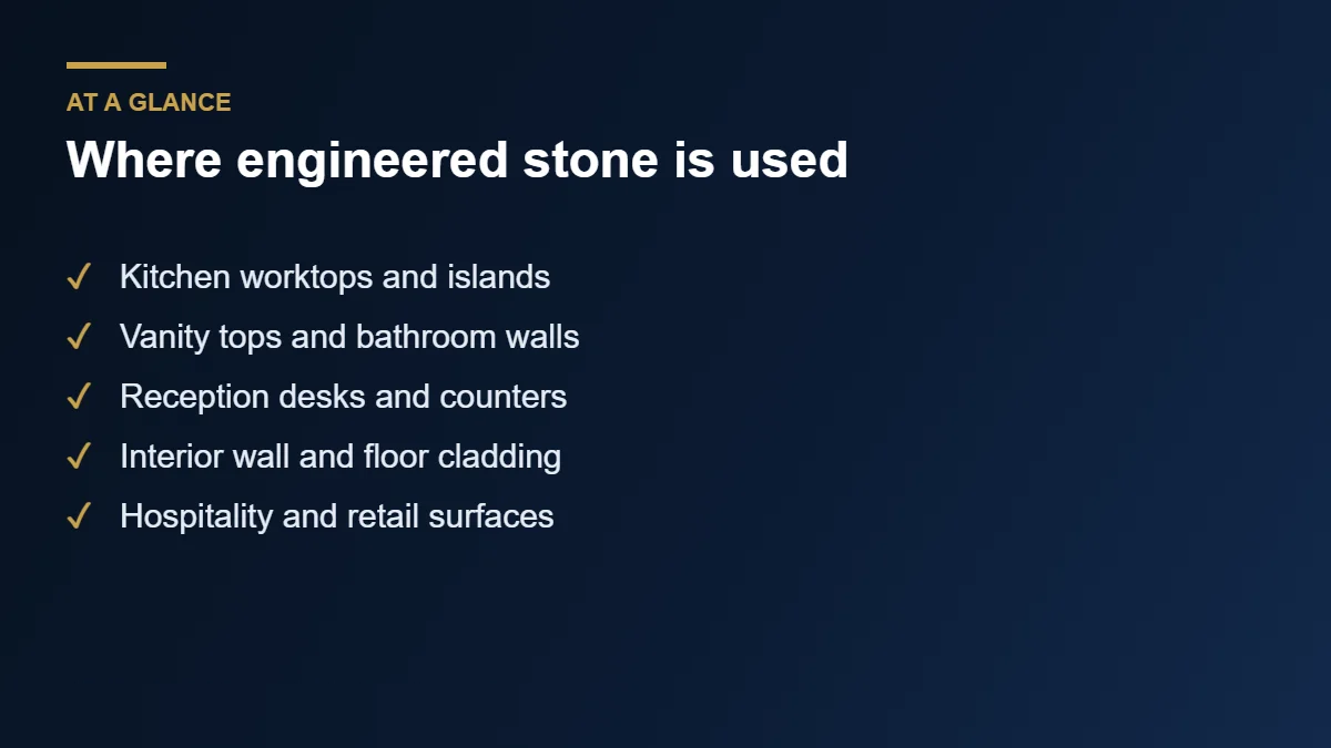 Engineered stone applications for worktops, vanities and cladding