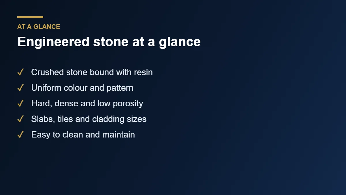 Engineered stone properties and finishes at a glance