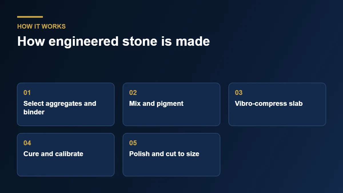Engineered stone production process from mixing to polished slab