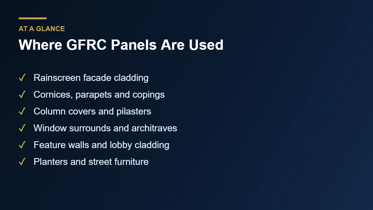 Where GFRC panels are used: facades, cornices, columns, openings, interiors and landscape