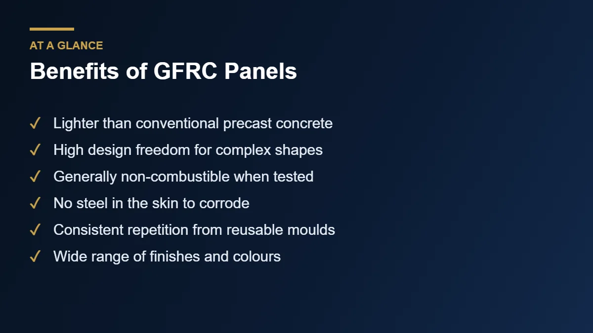 Benefits of GFRC panels: lightweight, durable, non-combustible and highly customisable
